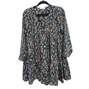 Vintage Love Womens Tiered BOHO Mini Dress Size 12 Green Floral 3/4 Sleeve